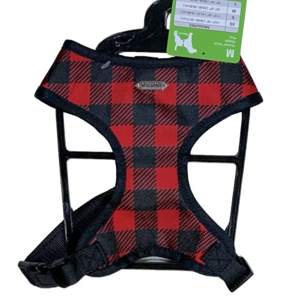 Unique Petz Dog Harness Medium Red Black Tartan Plaid Comfy Adjustable Size M